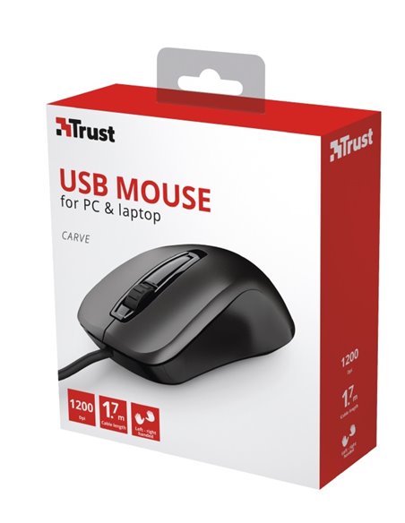 Trust Carve Optical Mouse, 1200 dpi, 3 button, USB, Black