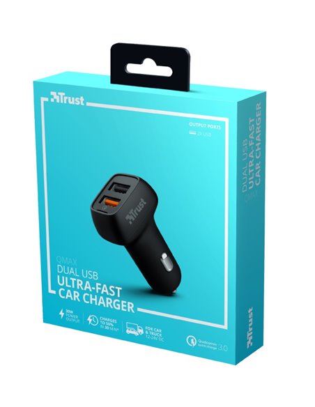 USB Car Charger - Trust Qmax 30W Ultra-Fast Dual USB Car Charger with QC3.0, Fast-charge with up to 12W power or ultra-fast c...