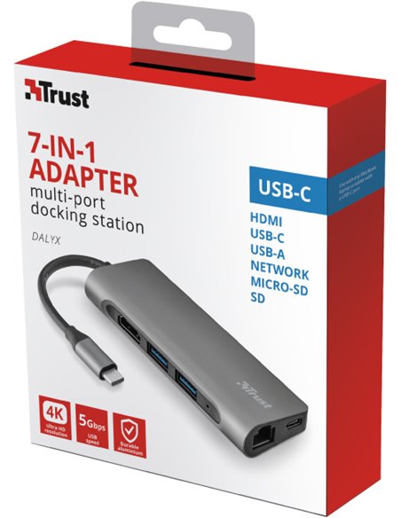 Многопортовый Адаптер Trust Dalyx/ USB-C/ 1xUSB-C/ 2xUSB-A/ HDMI/ RJ45/ SD/ microSD