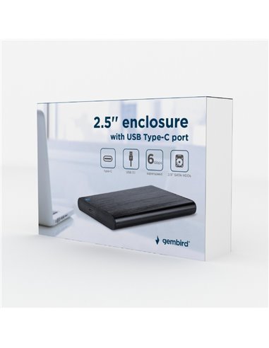Gembird EE2-U3S-6, USB 3.1 2.5'' enclosure with USB Type-C port, brushed aluminum, Black
