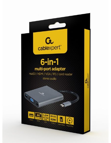 Многопортовый Адаптер Gembird A-CM-COMBO6-01/ USB-C/ USB-A 3.1/ 1xUSB-C/ HDMI/ VGA/ miniJack 3.5mm/ SD/ microSD
