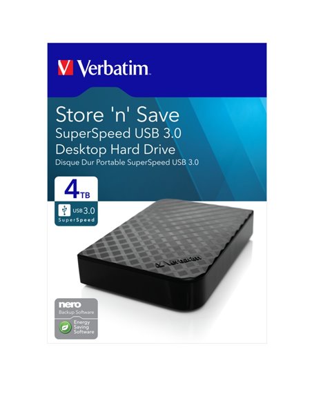 3.5” Внешний HDD Verbatim ”Store 'n' Save” / 4.0TB / USB3.0 / External power: +12VDC Input / Black