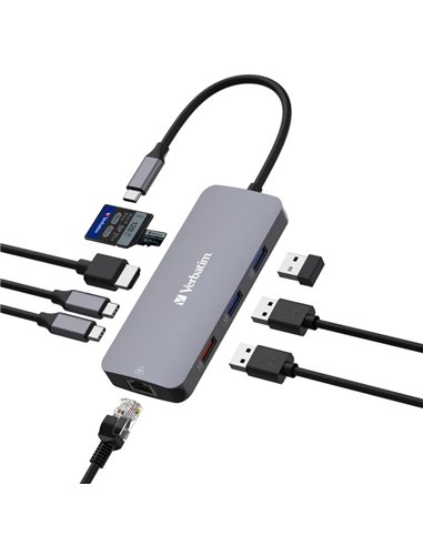 Многопортовый Адаптер Verbatim CMH-09/ USB-С/ 2xUSB-A 3.2/ 1xUSB-A 3.2(Gen 2)/ 2xUSB-C 3.2(Gen 2)/ HDMI/ RJ45/ SD/ microSD
