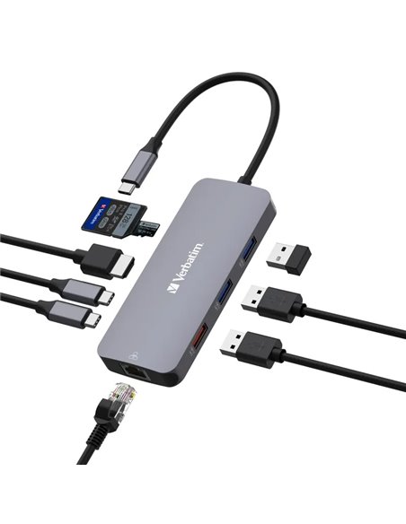 Многопортовый Адаптер Verbatim CMH-09/ USB-С/ 2xUSB-A 3.2/ 1xUSB-A 3.2(Gen 2)/ 2xUSB-C 3.2(Gen 2)/ HDMI/ RJ45/ SD/ microSD