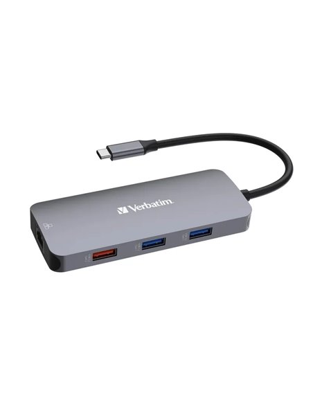 Многопортовый Адаптер Verbatim CMH-09/ USB-С/ 2xUSB-A 3.2/ 1xUSB-A 3.2(Gen 2)/ 2xUSB-C 3.2(Gen 2)/ HDMI/ RJ45/ SD/ microSD