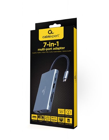 Adaptor Multiport Gembird A-CM-COMBO7-01/ USB-C/ 3xUSB-A/ 1xUSB-C (PD 100W)/ HDMI/ VGA/ miniJack 3.5mm/ SD/ microSD