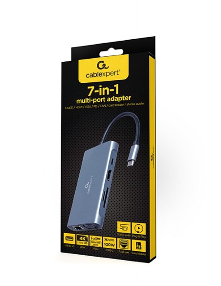 Adaptor Multiport Gembird A-CM-COMBO7-01/ USB-C/ 3xUSB-A/ 1xUSB-C (PD 100W)/ HDMI/ VGA/ miniJack 3.5mm/ SD/ microSD