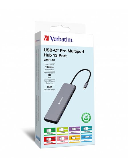 Многопортовый Адаптер Verbatim CMH-13/ USB-С/ 3xUSB-A 3.2/ 1xUSB-A 3.2(Gen2)/ 2xUSB-A/ 2xUSB-C/ 2xHDMI/ 1xDP/ RJ45