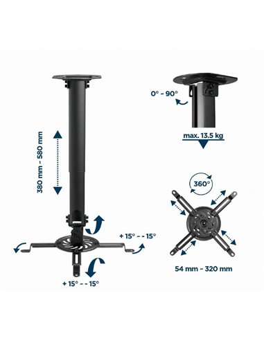 Регулируемое потолочное крепление для проектора Gembird CM-B-01/ 380 ~ 580 mm/ max 13kg/ Black