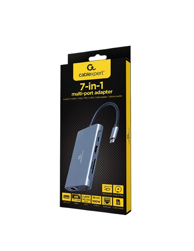 Видеоадаптер Cablexpert A-CM-COMBO7-01, USB Type-C - LAN, VGA, HDMI, USB Type-C, USB Type-A, SD card-reader, Серый