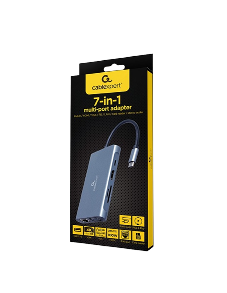 Видеоадаптер Cablexpert A-CM-COMBO7-01, USB Type-C - LAN, VGA, HDMI, USB Type-C, USB Type-A, SD card-reader, Серый
