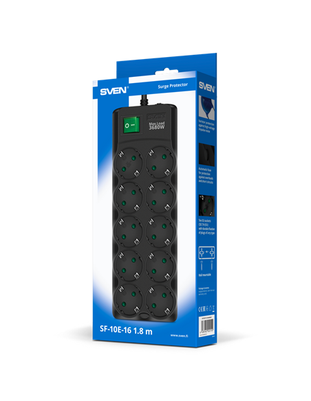Prelungitor electric SVEN SF-10E-16, 10 Prize, 1,8m, Negru