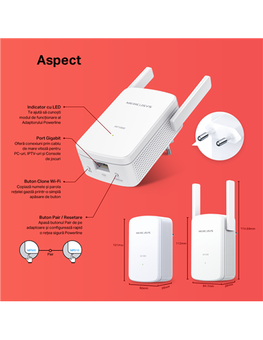 Wi-Fi + Powerline adapter MERCUSYS MP510 KIT, AV1000, 1000 Mbps, Alb