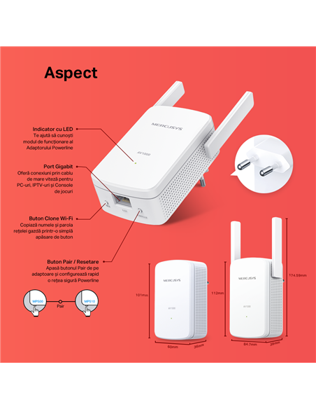 Wi-Fi + Powerline adapter MERCUSYS MP510 KIT, AV1000, 1000 Mbps, Alb