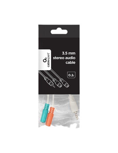 Аудио адаптер Cablexpert CCA-417W, 3.5mm 4-pin (M) - 2x 3.5mm 3-pin (F), 0,2м, Белый