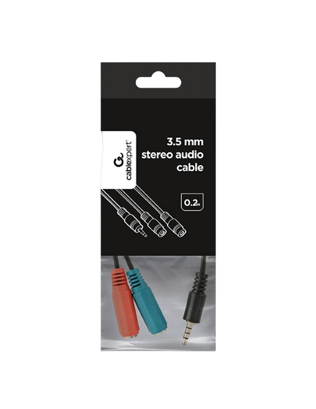 Аудио адаптер Cablexpert CCA-417, 3.5mm 4-pin (M) - 2x 3.5mm 3-pin (F), 0,2м, Чёрный
