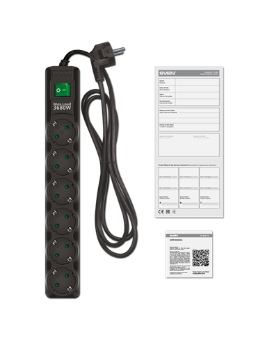 Prelungitor electric SVEN SF-06E-16, 6 Prize, 3m, Negru