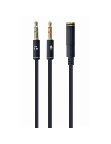 Аудио адаптер Cablexpert CCA-418M, 3.5mm 4-pin (F) - 2x3.5mm 3-pin (M), 0,2м, Чёрный