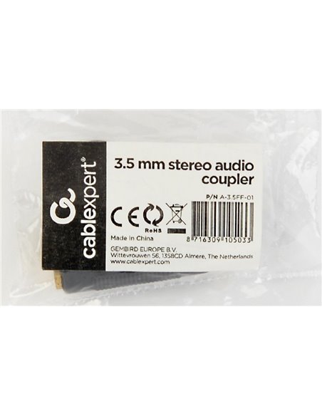 Audio Adaptor Cablexpert A-3.5FF-01, 3.5mm 3-pin (F) - 3.5mm 3-pin (F), Negru