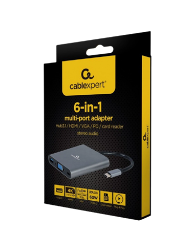 Adaptor Video Cablexpert A-CM-COMBO6-01, USB Type-C - VGA, HDMI, USB Type-C, USB Type-A, SD card-reader, Gri