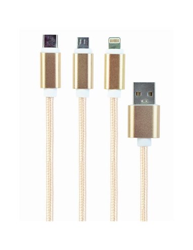 Кабель для зарядки и синхронизации Cablexpert CC-USB2-AM31-1M-G, USB Type-A/Micro USB, Type-C, Lighting, 1м, Золотистый