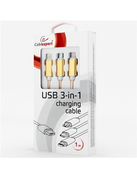 Cablu încărcare și sincronizare Cablexpert CC-USB2-AM31-1M-G, USB Type-A/Micro USB, Type-C, Lighting, 1m, Auriu
