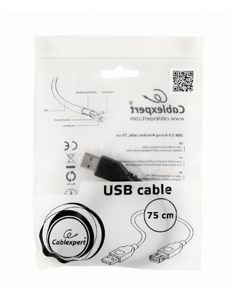 Удлинитель Cablexpert CC-USB2-AMAF-75CM/300-BK, USB Type-A (M)/USB Type-A (F), 0,75м, Чёрный