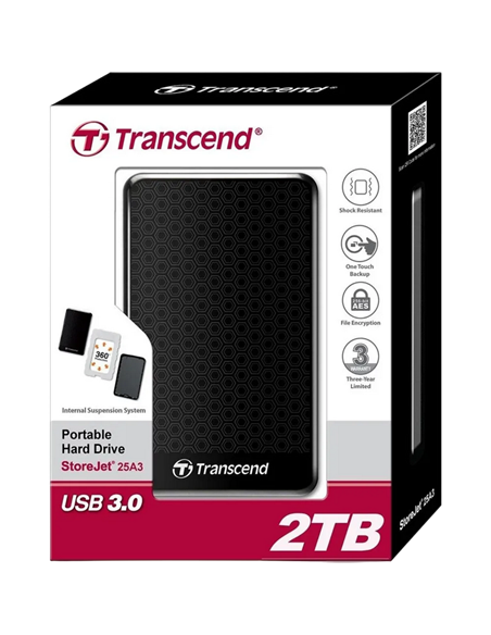 Внешний портативный жесткий диск Transcend StoreJet 25A3, 2 ТБ, Чёрный (TS2TSJ25A3K)