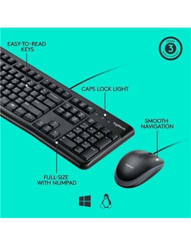 Set Tastatură + Mouse Logitech MK120, Cu fir, Negru