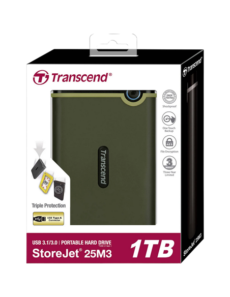 Внешний портативный жесткий диск Transcend StoreJet 25M3G, 2 ТБ, Military Green (TS2TSJ25M3G)
