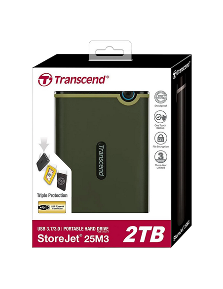 HDD portabil extern Transcend StoreJet 25M3G, 2 TB, Military Green (TS2TSJ25M3G)