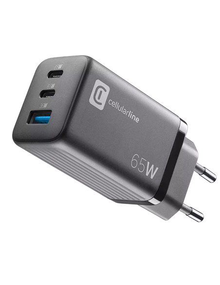 Зарядное устройство Cellularline Wall Charger GAN, 3 Ports, 65Вт, Чёрный