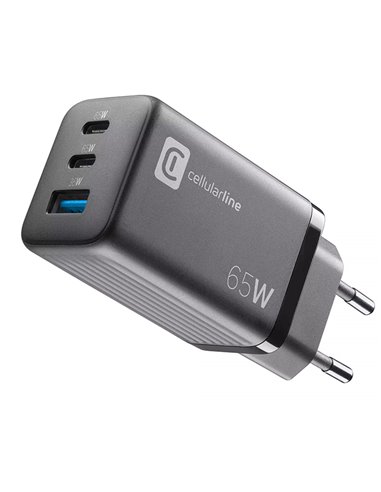 Зарядное устройство Cellularline Wall Charger GAN, 3 Ports, 65Вт, Чёрный