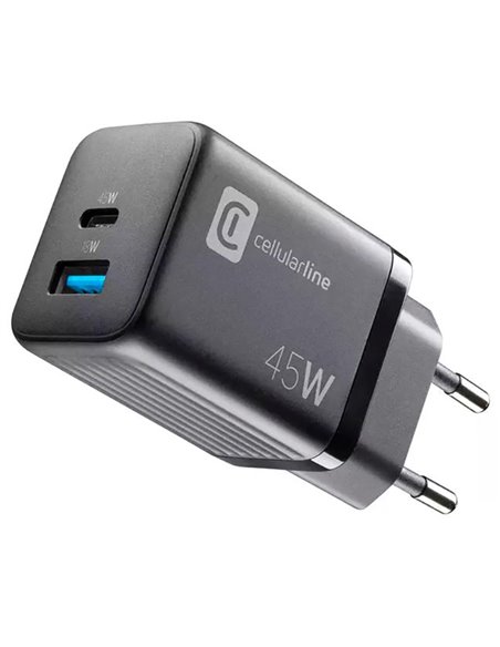 Încărcător Cellularline Wall Charger GAN, 2 Ports, 45W, 45W, Negru Încărcător Cellularline Wall Charger GAN, 2 Ports, 45W, 45W, Negru