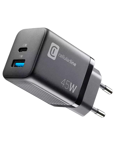 Зарядное устройство Cellularline Wall Charger GAN, 2 Ports, 45W, 45Вт, Чёрный