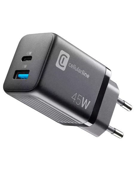 Încărcător Cellularline Wall Charger GAN, 2 Ports, 45W, 45W, Negru Încărcător Cellularline Wall Charger GAN, 2 Ports, 45W, 45W, Negru