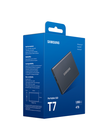 Внешний портативный SSD накопитель Samsung T7, 4 ТБ, Titan Gray (MU-PC4T0T/WW)