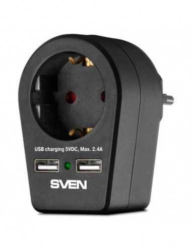 Protectoare de supratensiune Surge Protector 1 Sockets- Sven SF-01U- 2 USB ports charging (2.4A)- Black