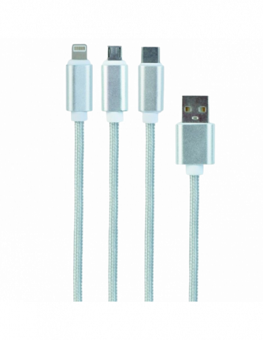 Cablu Micro USB, Mini USB Cable 3-in-1 MicroUSBLightningType-C-AM- 1.0 m- SILVER- Cablexpert- CC-USB2-AM31-1M-S