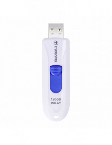 Пластик, без колпачка/слайдер 128GB USB3.1 Flash Drive Transcend JetFlash 790- White-Blue- Slider (RW:9040MBs)