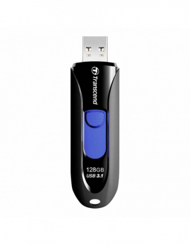 Пластик, без колпачка/слайдер 128GB USB3.1 Flash Drive Transcend JetFlash 790- Black-Blue- Slider (RW:9040MBs)