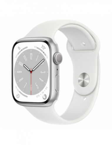 Dispozitive purtabile Apple Apple Watch Series 8 GPS- 45mm Silver Aluminium Case with White Sport Band- MP6Q3 (usa)