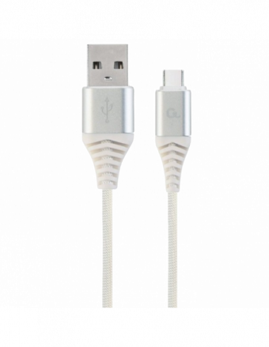 Cablu Type-C to USB Blister Type-CUSB2.0- AMCM- 1.0 m- Cablexpert Cotton Braided SilverWhite- CC-USB2B-AMCM-1M-BW2