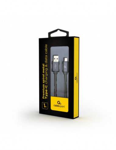 Cabluri USB, periferice Cable USB2.0Type-C - 1m - Cablexpert CC-USB2S-AMCM-1M-BG, Premium spiral metal Type-C USB charging and d