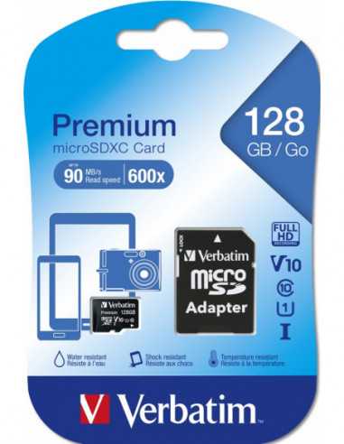 Безопасные цифровые карты микро 128GB microSD Class10 A1 UHS-I + SD adapter Verbatim Premium microSDXC- 600x- Up to: 90MBs