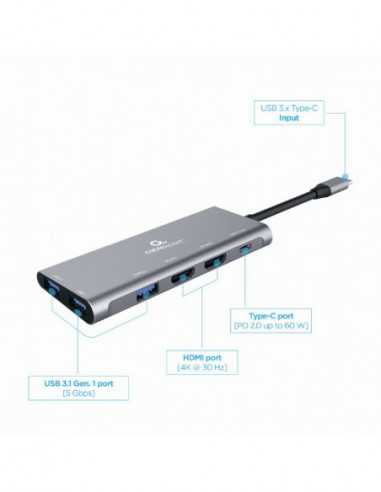 Cuplare și conectare Gembird A-CM-COMBO3-01, USB Type-C 3-in-1 multi-port adapter (Hub + HDMI + PD), Dual HDMI ports with UHD 4