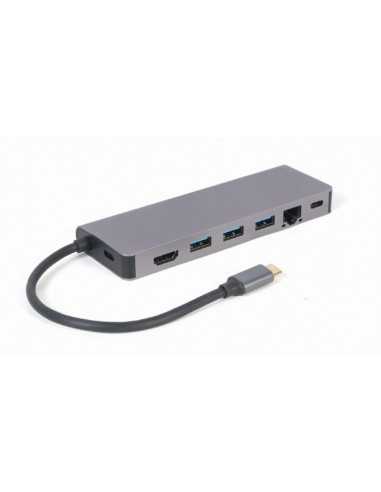 Cuplare și conectare Gembird A-CM-COMBO5-05, USB Type-C 5-in-1 multi-port adapter (Hub + HDMI + PD + card reader + LAN), 3-por