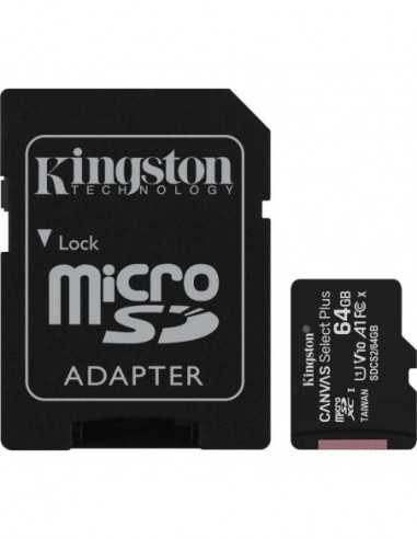 Carduri digitale securizate micro 64GB microSD Class10 A1 UHS-I U1 (V10) + SD adapter Kingston Canvas Select Plus 600x Up to: