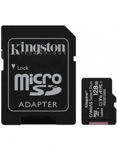 Безопасные цифровые карты микро 128GB microSD Class10 A1 UHS-I U1 (V10) + SD adapter Kingston Canvas Select Plus, 600x, Up to: 