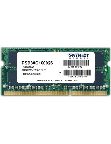 8GB DDR3-1600 SODIMM PATRIOT Signature Line, PC12800, CL11, 2 Rank, Double-sided module, 1.5V